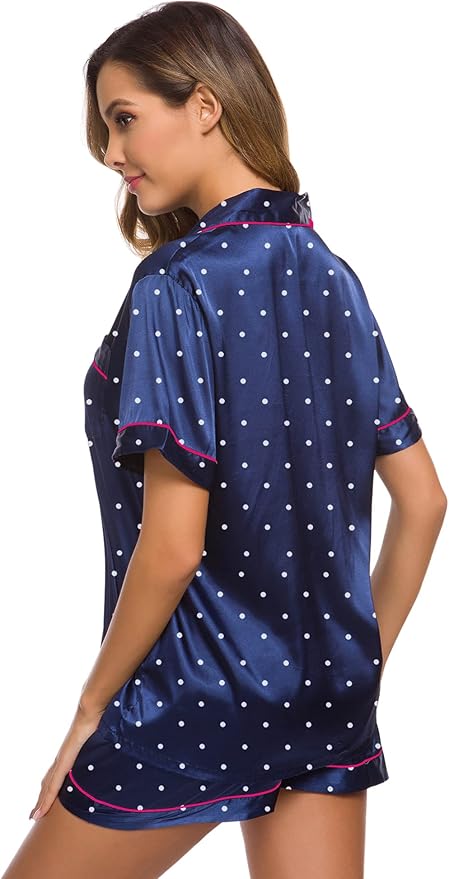 SWOMOG Womens Silk Satin Pajamas Set Short Sleeve Sleepwear Button Down Top and Shorts Loungewear 2 Piece Pjs Set XS-3XL
