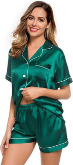 LecGee Womens Silk Satin Pajamas Short Sleeve Loungewear Two-Piece Sleepwear Button-Down Pj Set