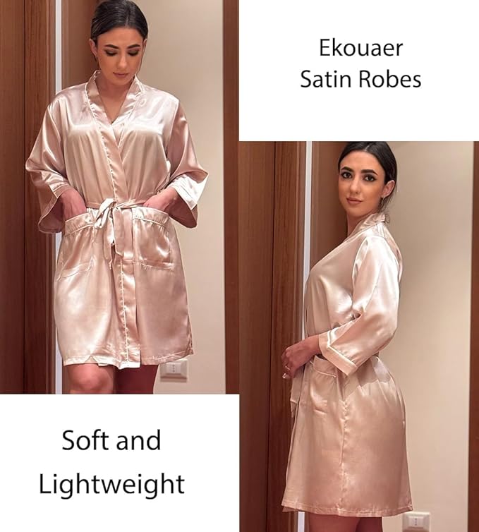 Ekouaer Silky Robes for Women Satin Knee Length Bride Bridesmaid Wedding Party 3/4 Sleeve Bathrobe Lightweight Sexy Sleepwear with Pockets Champagne S
