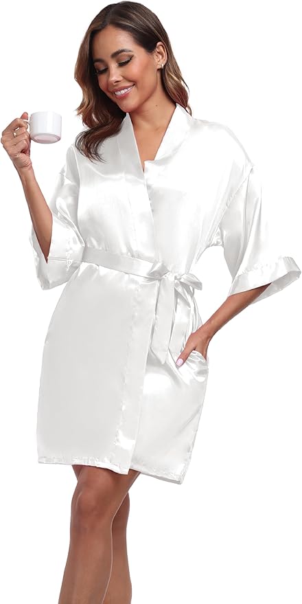 Women's Short Satin Robes Silky Bathrobe Bridesmaid Sleepwear for Wedding Party Getting Ready Solid Color