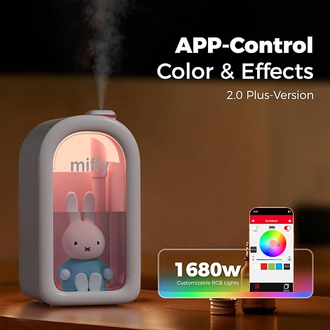 Mipow X Miffy Cool Mist Humidifier - Ultrasonic Quiet Humidifiers, Mini Cute Humidifier with Night Light, 380ml Humidifiers for Bedroom，App-Controlled RGB Light (2.0 Plus-Version) - Blue