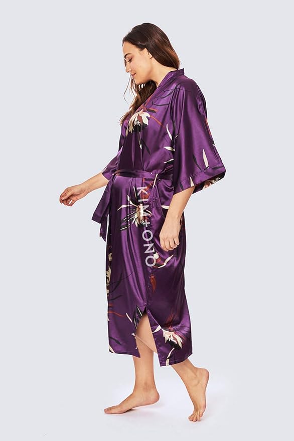 KIM+ONO Plus Size Luxury Kimono Robe for Women | Long Satin Floral Robe | Original Design | Removable Waist Tie Closure