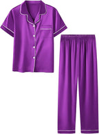 Umeyda Girls Womens Pajamas Set, Satin Silky Button Down Loungewear 2 Piece Short Sleeve Pants PJS Sets for Mommy Kids