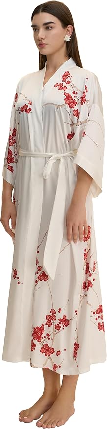 Kihnop Women's Floral Long Kimono Robe Long Satin Robe Long Silk Robe Ladies Kimonos Silky Bathrobe Cover Up, One Size