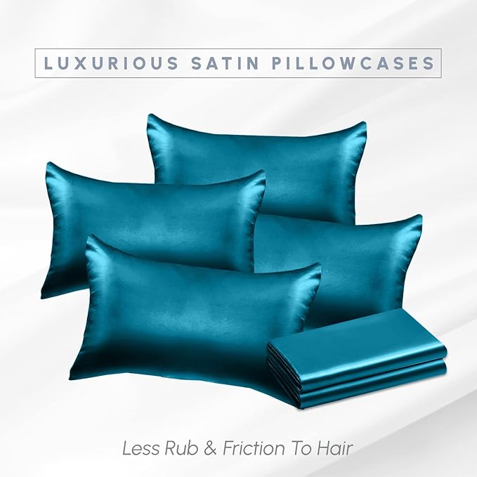 Elegant Comfort 6-Pack Cooling Viscose Satin Pillowcase Set with Hidden Zipper Closure, Silky Smooth for Best Hair and Skin Care-Beautiful Gift Box-6-Piece Satin Pillowcase Set, King, Turquoise
