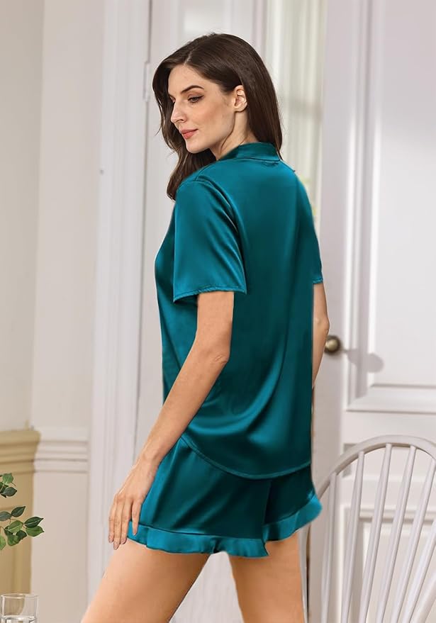 WJing Yi Jia Ruffle Pajama Sets For Women XS-4XL Womens Silk Satin Pajamas Set Silky Sleepwear Pj Sets Nightwear Loungewear