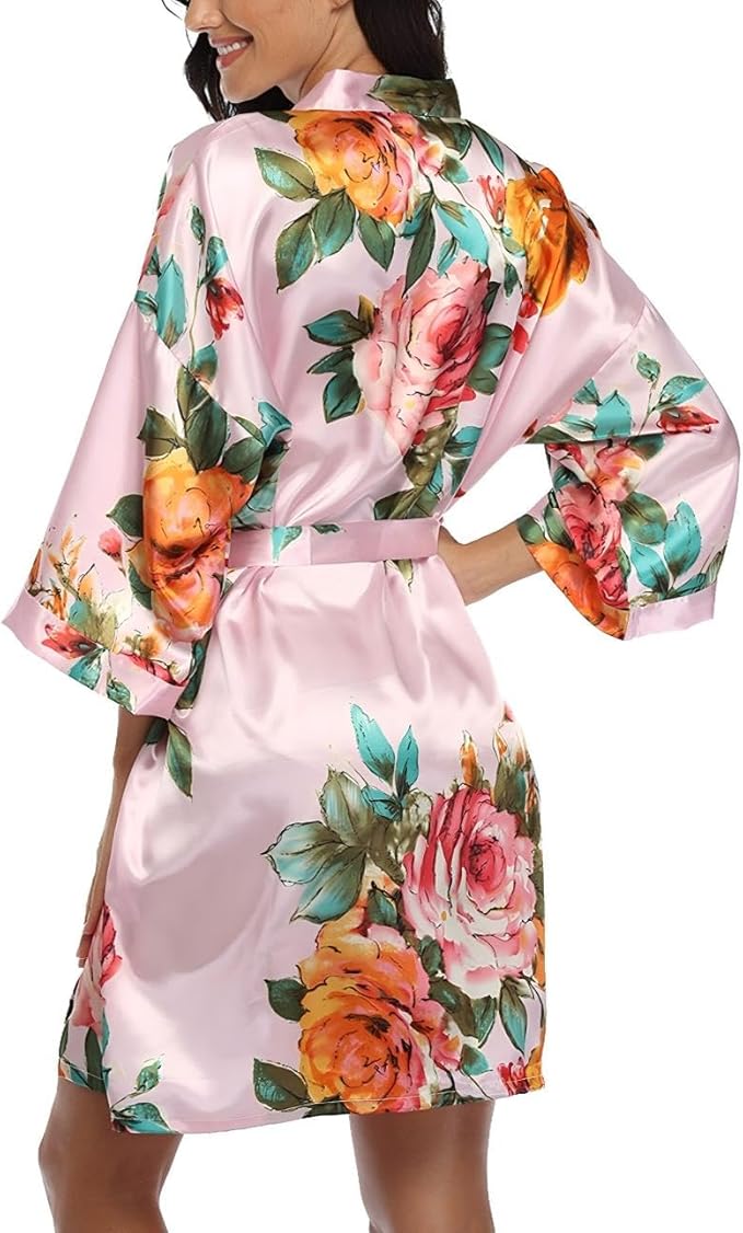 Floral Silk Robes for Women Kimono Satin Short Bath Robe Bridal Dressing Gown Bride Bridesmaids Lightweight Bathrobes
