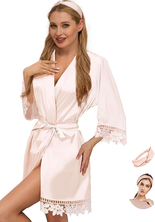 Silk Robes for Womens 2Pcs Satin Robe Kimonos Bridesmaid Bride Lace Bathrobes Sleepwear Bridal Silky Loungewear Wedding Robes