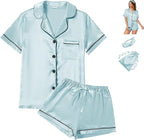 WJing Yi Jia 4Pcs Womens Satin Silky Pajama Sets Short Sleeve Shirt XS-4XL Floral Pajamas Set Soft PJ Loungewear Sleepwear
