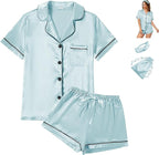 WJing Yi Jia 4Pcs Womens Satin Silky Pajama Sets Short Sleeve Shirt XS-4XL Floral Pajamas Set Soft PJ Loungewear Sleepwear