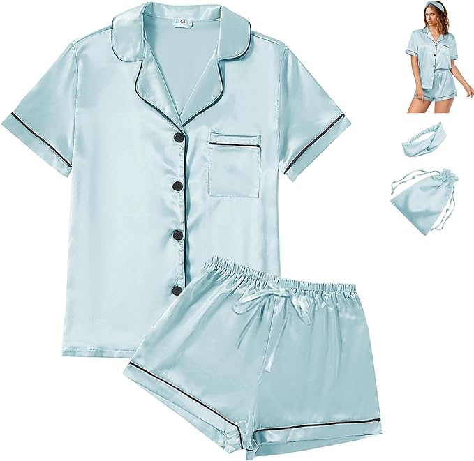 WJing Yi Jia 4Pcs Womens Satin Silky Pajama Sets Short Sleeve Shirt XS-4XL Floral Pajamas Set Soft PJ Loungewear Sleepwear