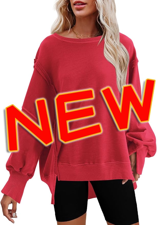 Nirovien Womens Oversized Crewneck Sweatshirt Side Slit Long Sleeve Pullover Slouchy Fit Tops