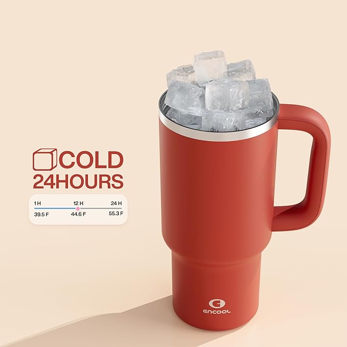 ENCOOL 32 oz Tumbler with Handle and Straw: Stainless Steel Insulated Tumbler Keeps Cold for 24 Hours, Leakproof Travel Cup Fits in Cup Holder and BPA-Free,Medium Carmine