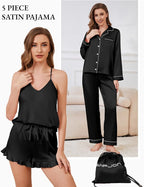 SAPJON Satin Silk Pajamas for Women Set 5PCS Classic Button Down Pajamas Top and Pants Cami and Ruffle Shorts Sleepwear