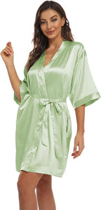 Women's Pure Short Kimono Robes Bride Bridesmaids Silky Bathrobe Lightweight Satin Sleepwear
