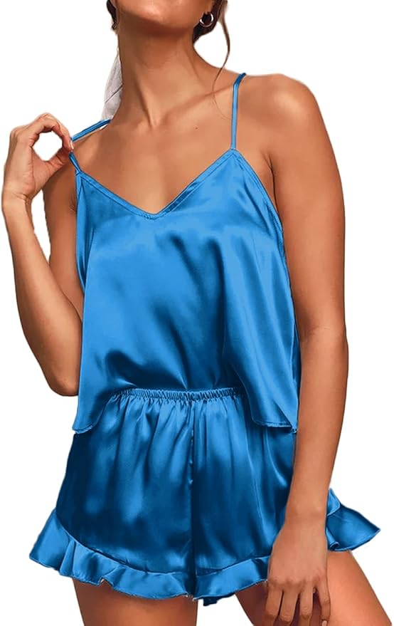 CHYRII Women's Sexy Silk Satin Ruffled Pajamas Sets Cami Shorts Sets Sleepwear