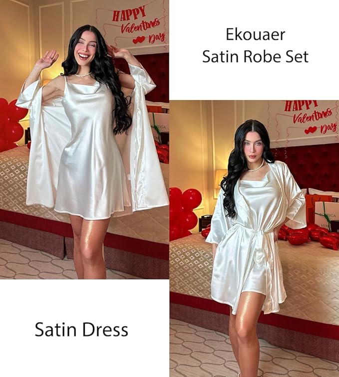 Ekouaer Women's Satin Robe Set Nightgown with Robes Silk Pajama Set 2 Pieces Lingerie Cowl Neck Cami Sleepwear Sets
