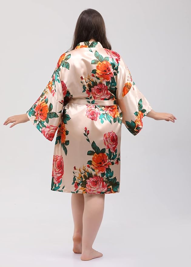 QXQTER Peony Floral Silky Satin Robe Wedding Bridal Party Bride Bridesmaid Robes for Women Dressing Gown Kimono Robe