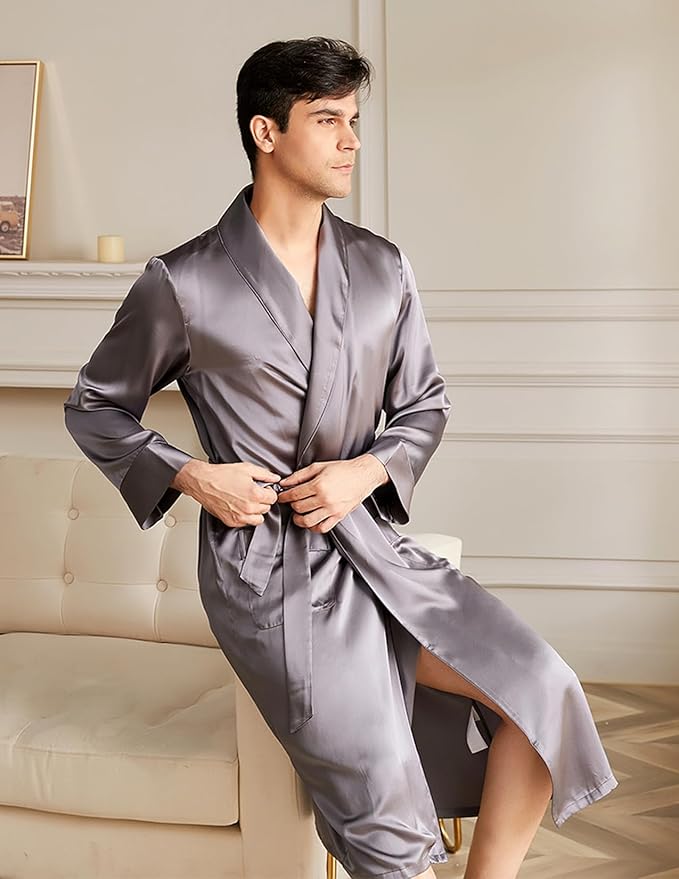 THXSILK Men’s Silk Robe Long Bathrobes, Luxury Lightweight Sleepwear, Two Pockets, Pure Mulberry Silk loungewear