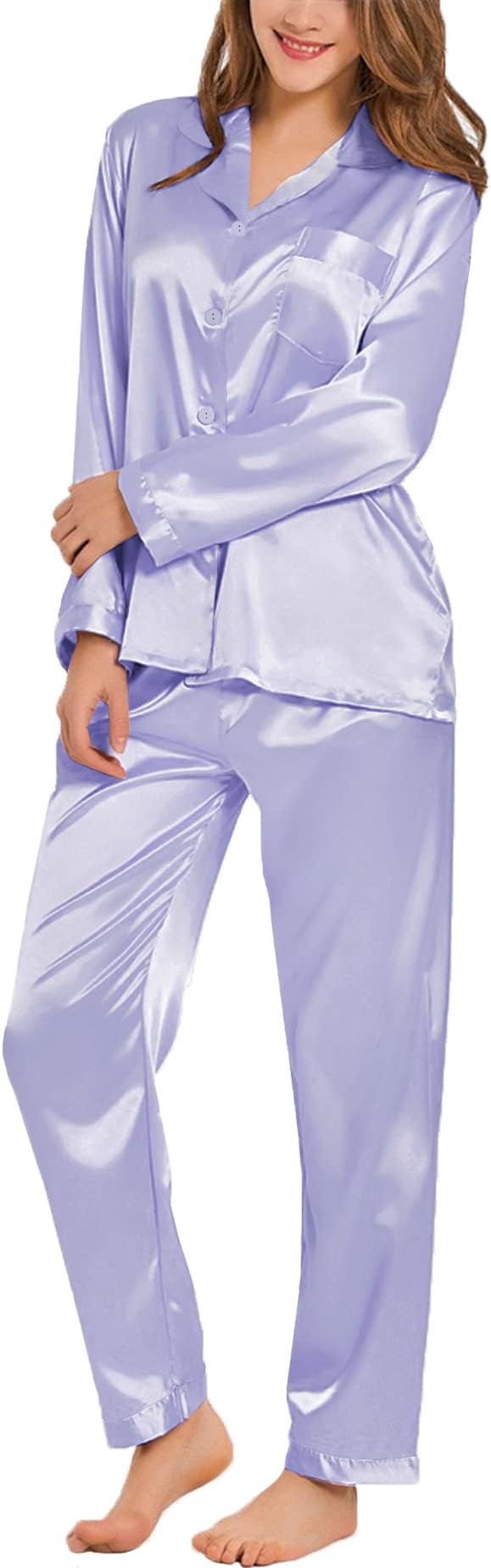 SWOMOG Long Sleeve Pajamas Set Silk Satin Sleepwear Button Down Pjs Loungewear with Pocket