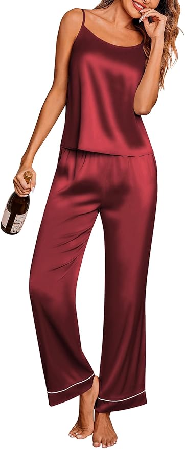 Ekouaer Women Silk Satin Pajamas Sleeveless Pjs Set 2 Piece Summer Loungewear Sleepwear with Pockets S-XXL