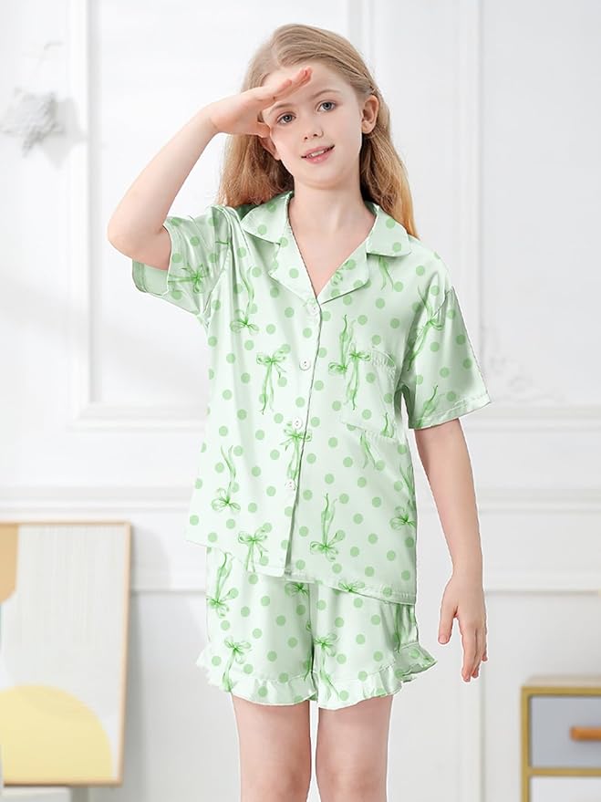 Umeyda Girls & Women Satin Pajamas Set Button Down 2 Piece Silk Pjs Shorts Set Ruffle Sleepwear, 5 Years-Women L