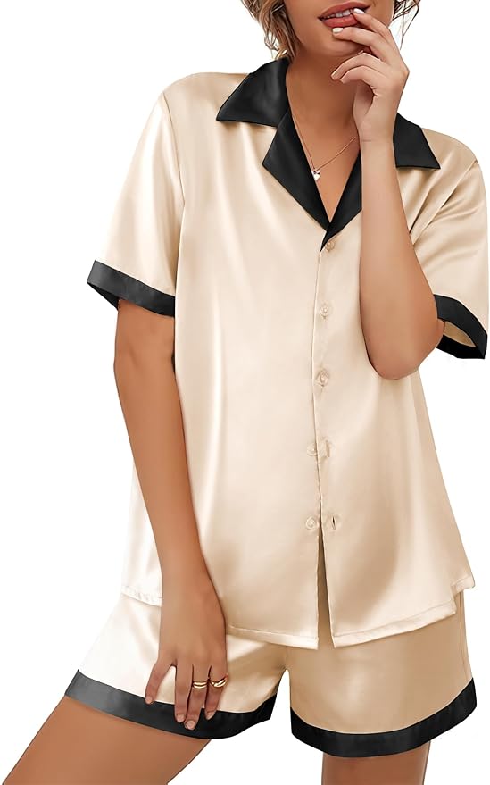 Ekouaer Womens Silk Satin Pajama Set Short Sleeve PJs 2 Piece Button Down Top and Shorts Notch Collar Sleepwear Sets Soft Pjs