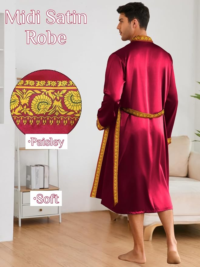 ChiaoLezhee Mens Satin Bath Robe with Shorts Set, Silk Paisley Kimono Lightweight, Soft Long Sleeve Sleepwear