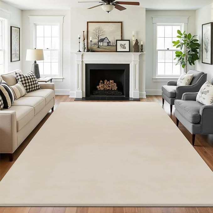 SHACOS Silky Soft Faux Rabbit Fur Area Rug 6'x9' Non Slip Washable Padded Medium Thick Rugs Fluffy Cozy Indoor Modern Carpet for Living Room Bedroom Dining Room Kids Room Dorm Home Decor, Beige