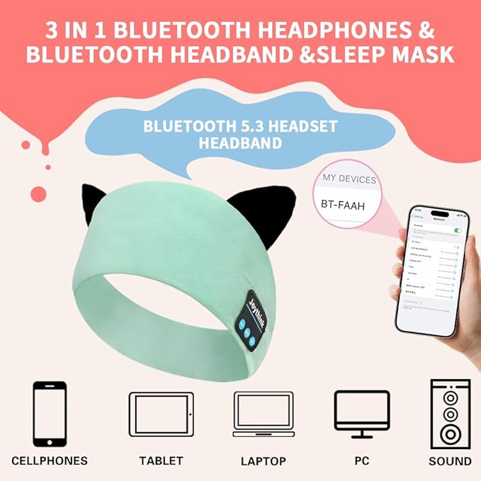 Joythink Kids Bluetooth Headband Headphones Sleep Mask Wireless Earphones Built in Thin Speaker Adjustable Sports Headset Sleep Headband for Girls Boys Toddler Children Baby Airplane Travel Study Aqua