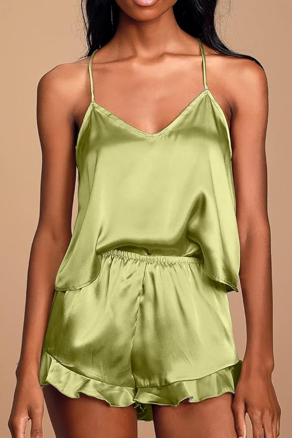 CHYRII Women's Sexy Silk Satin Ruffled Pajamas Sets Cami Shorts Sets Sleepwear