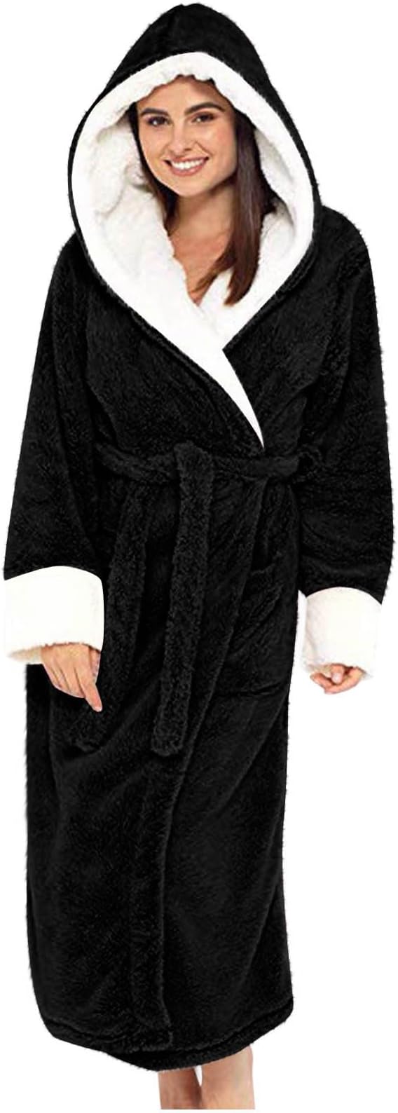 Fuzzy Plush Bathrobe Women Fashion Hooded Thicken Fleece Lined Warm Comfy Long Robe Flannel Loungewear