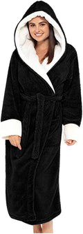 Fuzzy Plush Bathrobe Women Fashion Hooded Thicken Fleece Lined Warm Comfy Long Robe Flannel Loungewear
