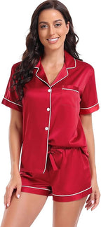 Serenedelicacy Women's Satin Pajama Set 2-Piece Sleepwear Loungewear Button Down Short Sleeve Silky PJ Set