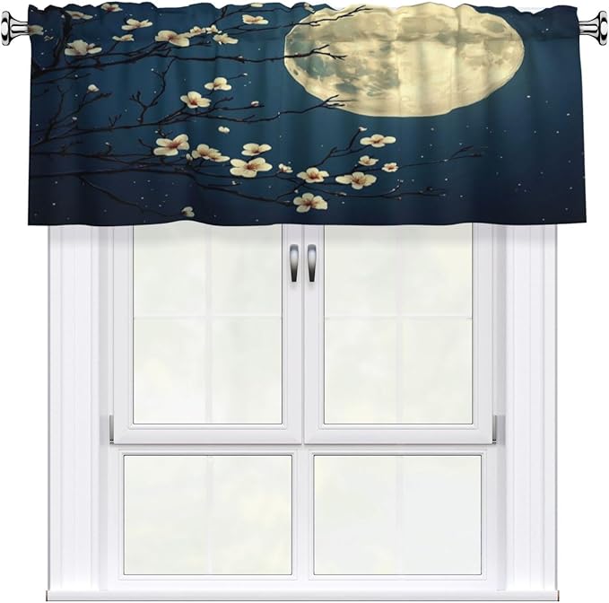 Full Moon Night with Cherry Blossoms Curtain Valance Peach Skin Velvet Printed Window Valance with Rod Pocket Light Filtering for Kitchen Bathroom 54x18in