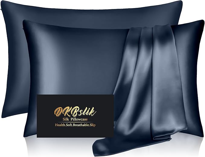 Silk Pillowcase 2 Pack, Natural Mulberry Silk Pillow Cases, Anti Acne Silk Pillowcase for Hair and Skin, King Size Silk Satin Pillowcase Set of 2 with Zipper, Gifts for Sleeping Women, Mood Indigo