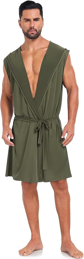 VintageClothing Men's Summer Robe with Hooded Lightweight Bathrobe House Kimono Sleeveless Sexy Sleepwear Pajamas