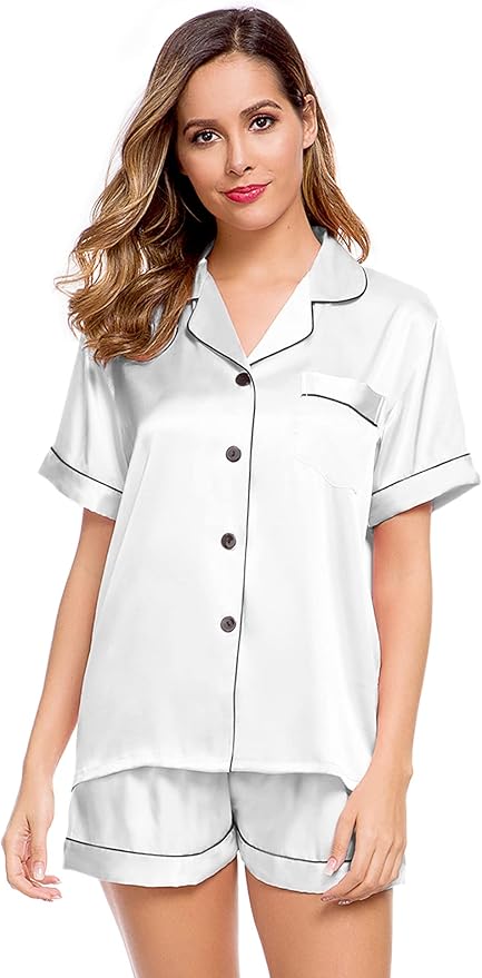 LecGee Womens Silk Satin Pajamas Short Sleeve Loungewear Two-Piece Sleepwear Button-Down Pj Set