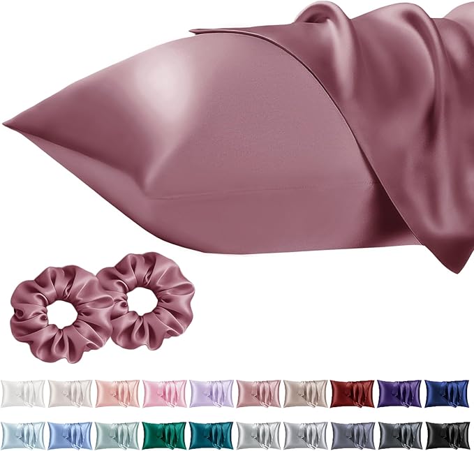 Vielit Queen Satin Pillowcase for Hair 2pc,Similar to Silk Pillow Cases,Easier Care Than Silk Pillowcase,Gifts for Women Men,Dusty Rose,20x30 & Envelope Closure and 2 Satin Scrunchies