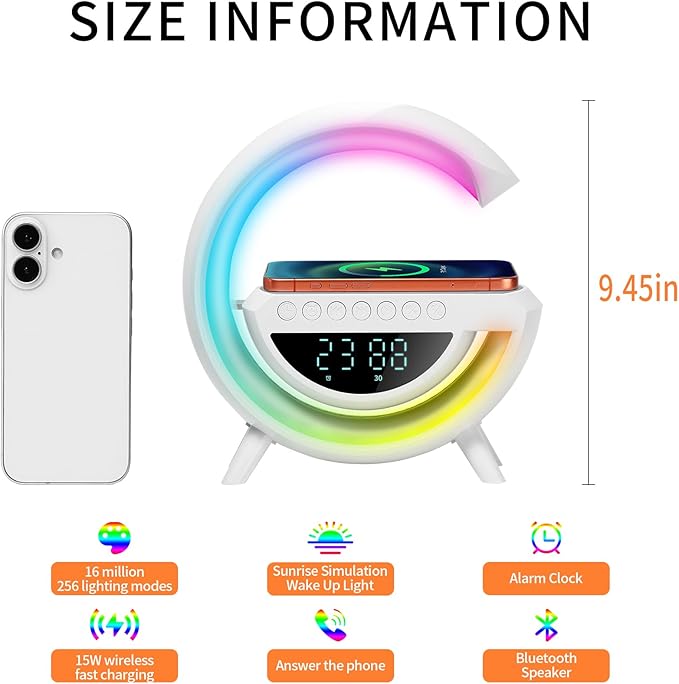 Smart Alarm Clock with Wireless Charging, 9.45" RGB Night Light Table Lamp, Bluetooth Speaker, Sound Machine, Sunrise Wake Up Light, Dimmable LED Lamp for Bedroom, Home Office, Dorm