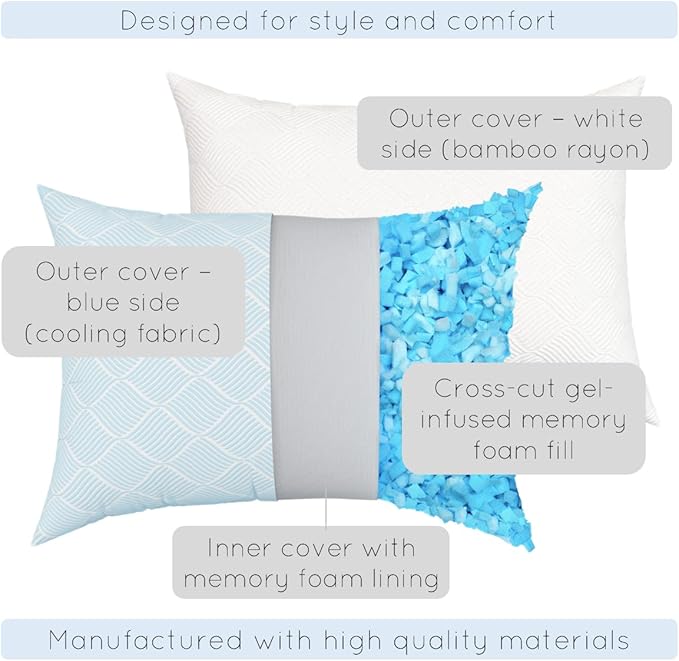 pillosophy Original Adjustable Loft Pillow • Gel-Infused Shredded Memory Foam Fill • Dual-Sided Washable Cooling Cover • Perfect for Back, Side, Stomach Sleepers (Standard Size, 1-Pack)