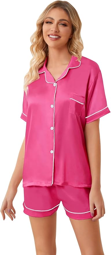 Umeyda Women & Girls Pajamas Set, Soft Satin Lightweight Silk Button-Down Top with Shorts 2 Piece PJS for Mom Boys Kids Gifts