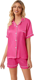 Umeyda Women & Girls Pajamas Set, Soft Satin Lightweight Silk Button-Down Top with Shorts 2 Piece PJS for Mom Boys Kids Gifts