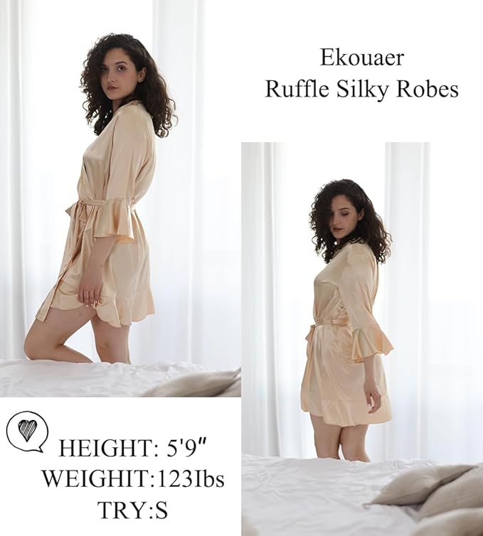 Ekouaer Women's Satin Robe Short Ruffle Hem Silky Robes Lightweight Kimono Brides Bathrobes Sleepwear XS-XXL