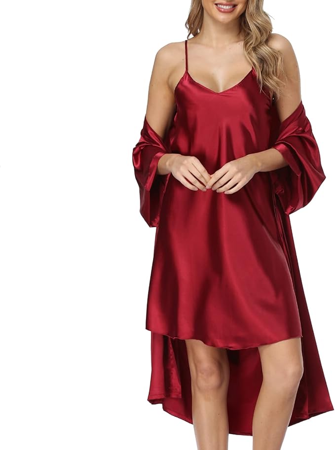 Women's Satin Robe Sets 2 Piece Nightgown Silk Pajama Sexy Floral Lingerie Lace Cami Sleepwear Night Robes