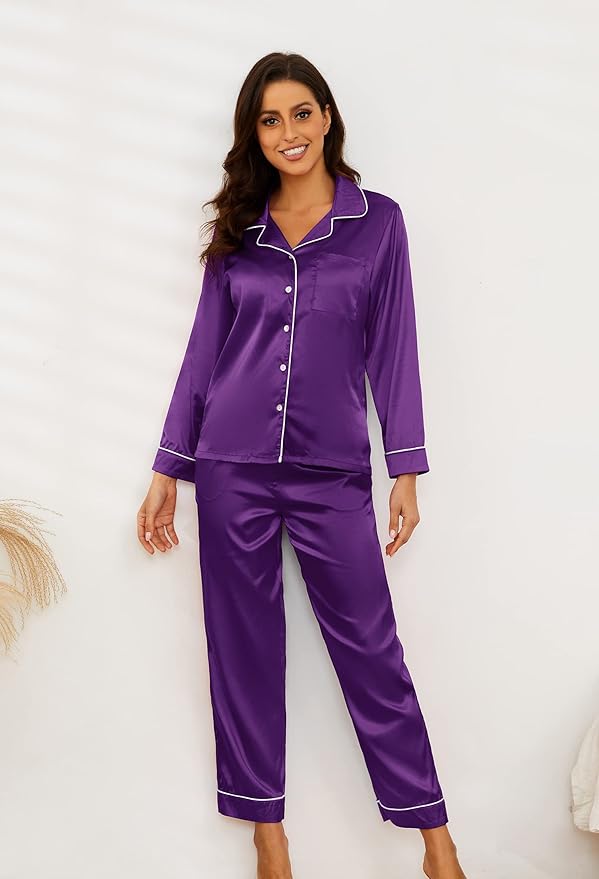 U2SKIIN Women Silk Pajamas Set, Long Sleeve Satin Pajamas for Women Sleepwear Button Down Pjs Set Two-piece