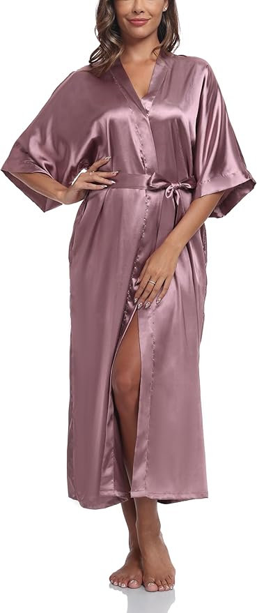 Women's Silk Robes Soft Long Satin Kimono Bathrobe Bride Bridesmaid Wedding Party Robes Sexy Sleepwear with Pockets