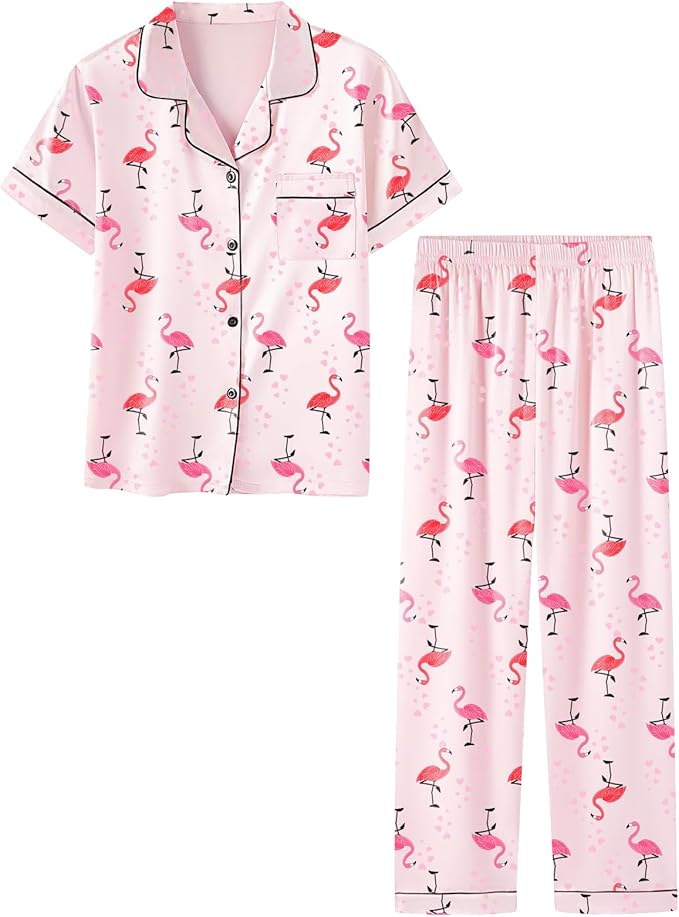 Umeyda Girls Womens Pajamas Set, Satin Silky Button Down Loungewear 2 Piece Short Sleeve Pants PJS Sets for Mommy Kids