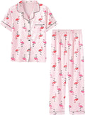 Umeyda Girls Womens Pajamas Set, Satin Silky Button Down Loungewear 2 Piece Short Sleeve Pants PJS Sets for Mommy Kids