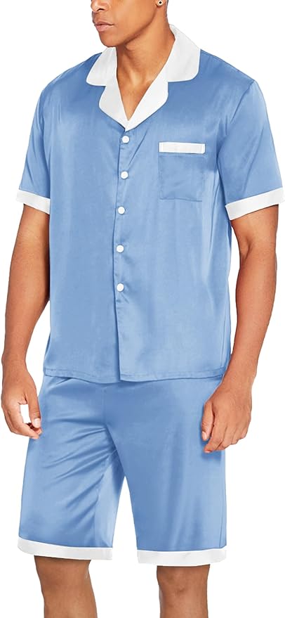 Ekouaer Men Satin Silk Pajamas Set with Pockets Sleepwear Shorts Satin Summer Loungewear 2 Piece Button Down Set S-3XL